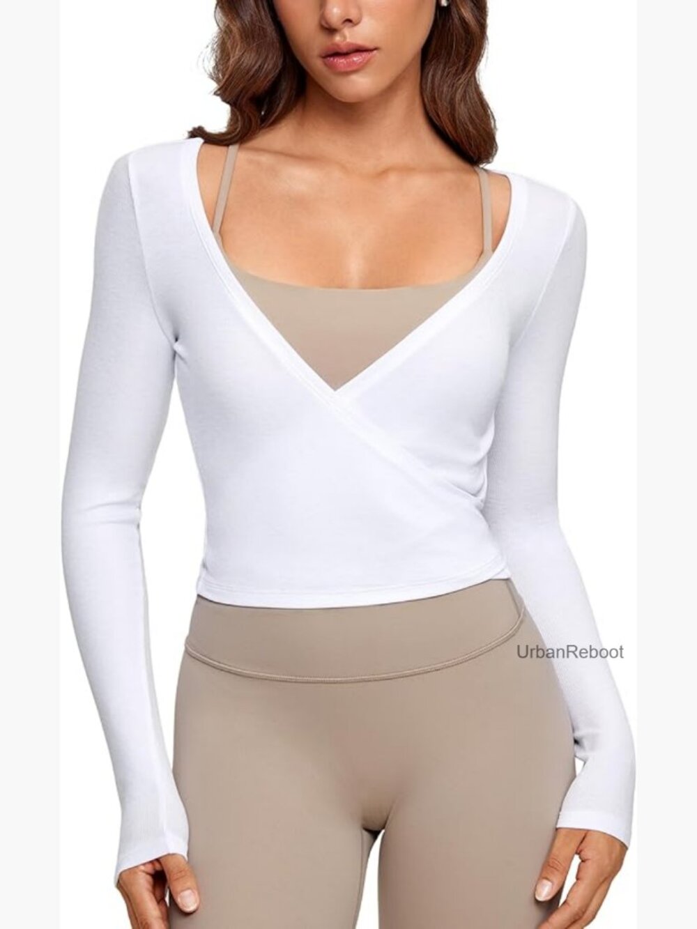 V-Neck Cross Wrap Top Slim Fit Long Sleeve Layering Tee Yoga Top